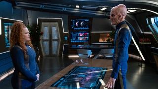 Ensign Tilly (Mary Wiseman) and Captain Saru (Doug Jones) in Star Trek: Discovery.