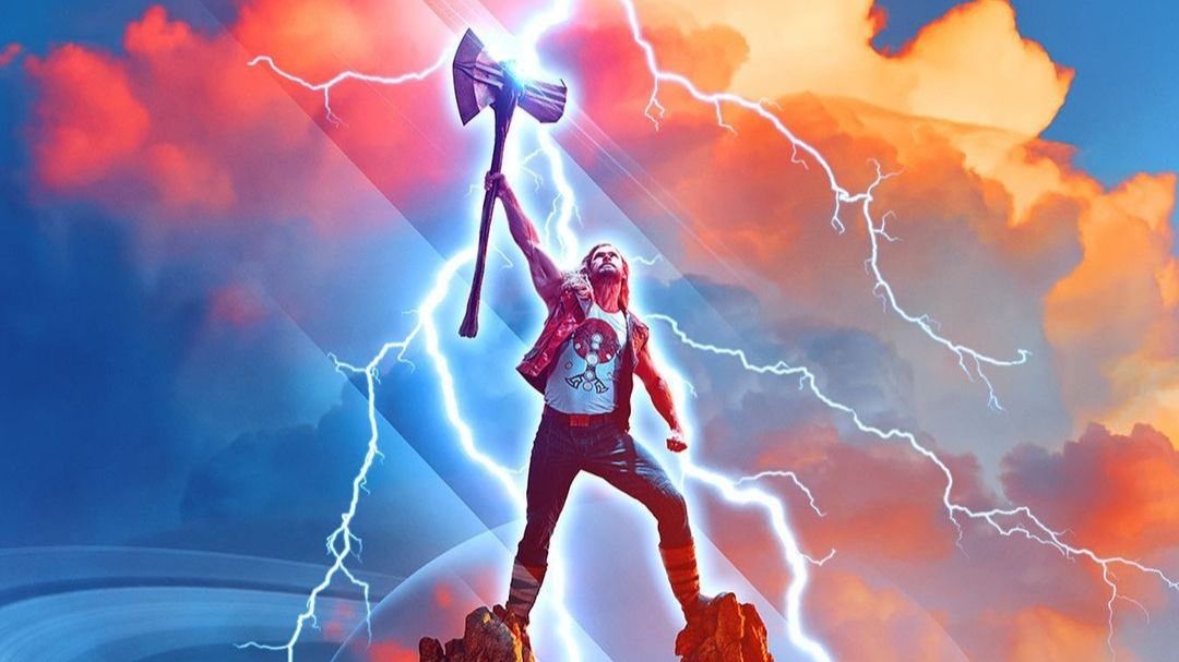 Chris Hemsworth as Thor in the Thor Love and Thunder poster