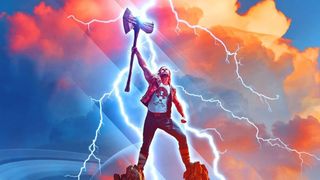 Chris Hemsworth as Thor in the Thor Love and Thunder poster
