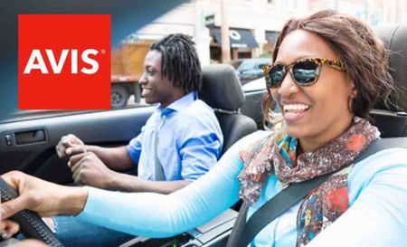 avis logo top left with two people driving with a roof top off