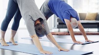 Two people doing downward dog yoga move on blue mats