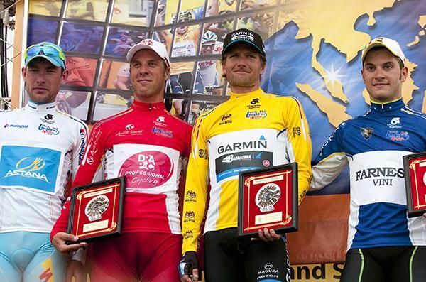 Jersey competition leaders (l-r): Dmitriy Gruzdev (Astana, leading Asian rider), Floris Goesinnen (Drapac Cycling, KOM), David Zabriskie (Garmin Barracuda, Tour leader) and Andrea Guardini (Farnese Vini, Sprint Points).