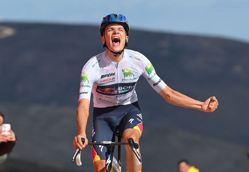 ALTO DE EL MORREDERO, SPAIN - SEPTEMBER 10: Giulio Pellizzari of Italy and Team Red Bull - BORA - hansgrohe - White Best Young Rider Jersey celebrates at finish line as stage winner during the La Vuelta - 80th Tour of Spain 2025, Stage 17 a 143.2km stage from O Barco de Valdeorras to Alto de El Morredero 1755m / #UCIWT / on September 10, 2025 in Alto de El Morredero, Spain. (Photo by Tim de Waele/Getty Images)