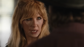 Close up of Kelly Reilly as Beth Dutton, looking crazed, vouching to exact revenge in Yellowstone Season 9 Part 2