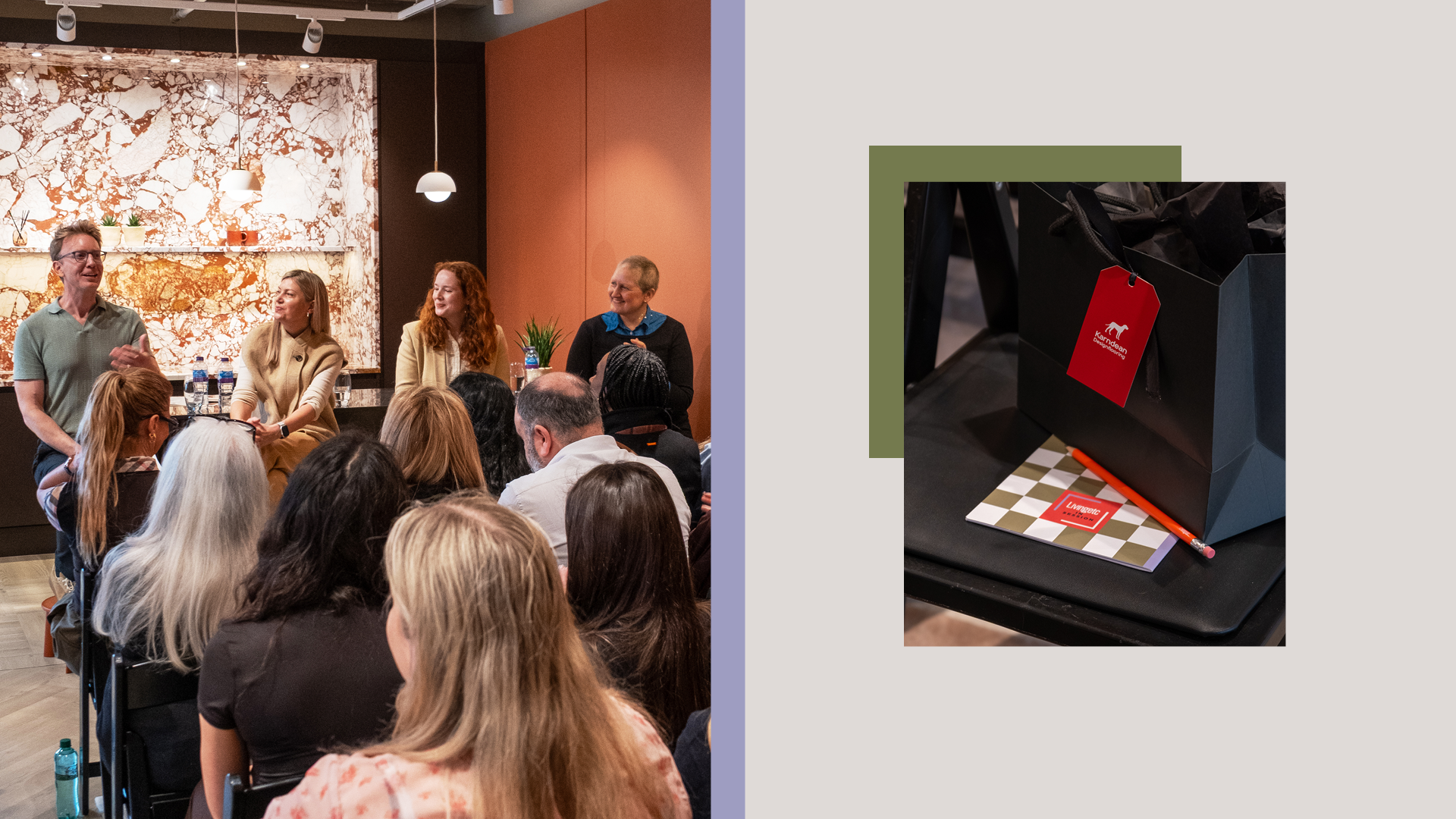 two shots next to each other. On the left, panellists on stools in front of an audience. On the right, a Karndean bag on a chair with a livingetc notebook and pencil