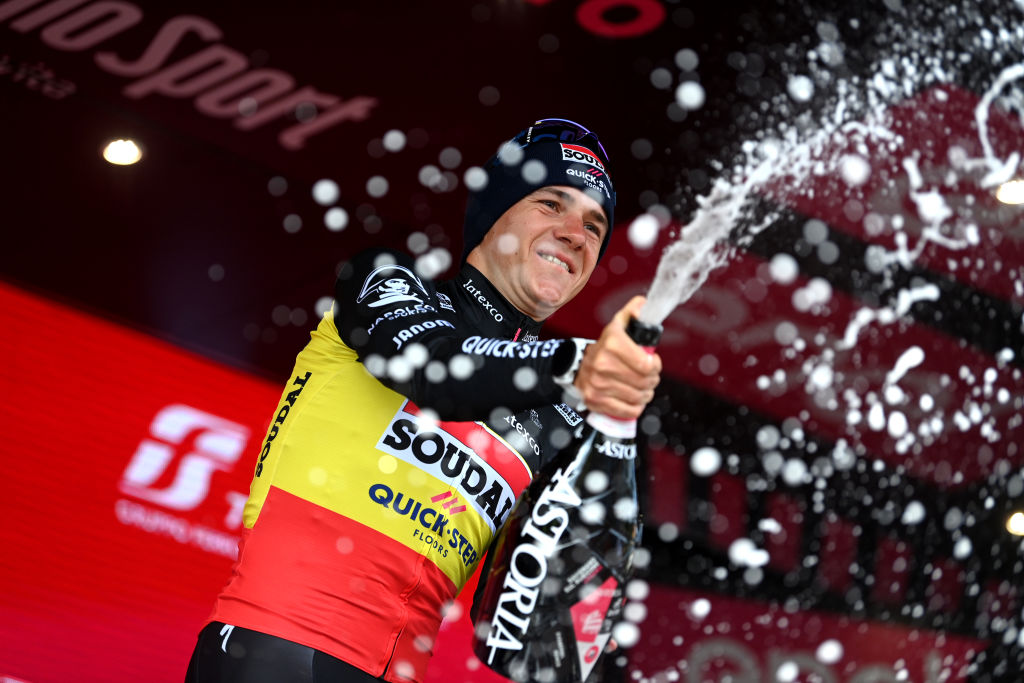 CESENA ITALY MAY 14 Remco Evenepoel of Belgium and Team Soudal Quick Step celebrates at podium as stage winner during the 106th Giro dItalia 2023 Stage 9 a 35km individual time trial stage from Savignano sul Rubicone to Cesena UCIWT on May 14 2023 in Cesena Italy Photo by Tim de WaeleGetty Images