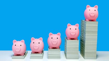 pink piggy banks on stacks of money with blue background