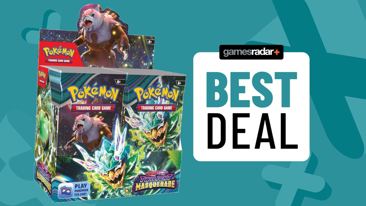 Pokemon Twilight Masquerade Booster Box on a teal background beside a badge reading &#039;best deal&#039;