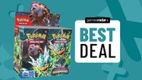 Pokemon Twilight Masquerade Booster Box on a teal background beside a badge reading 'best deal'