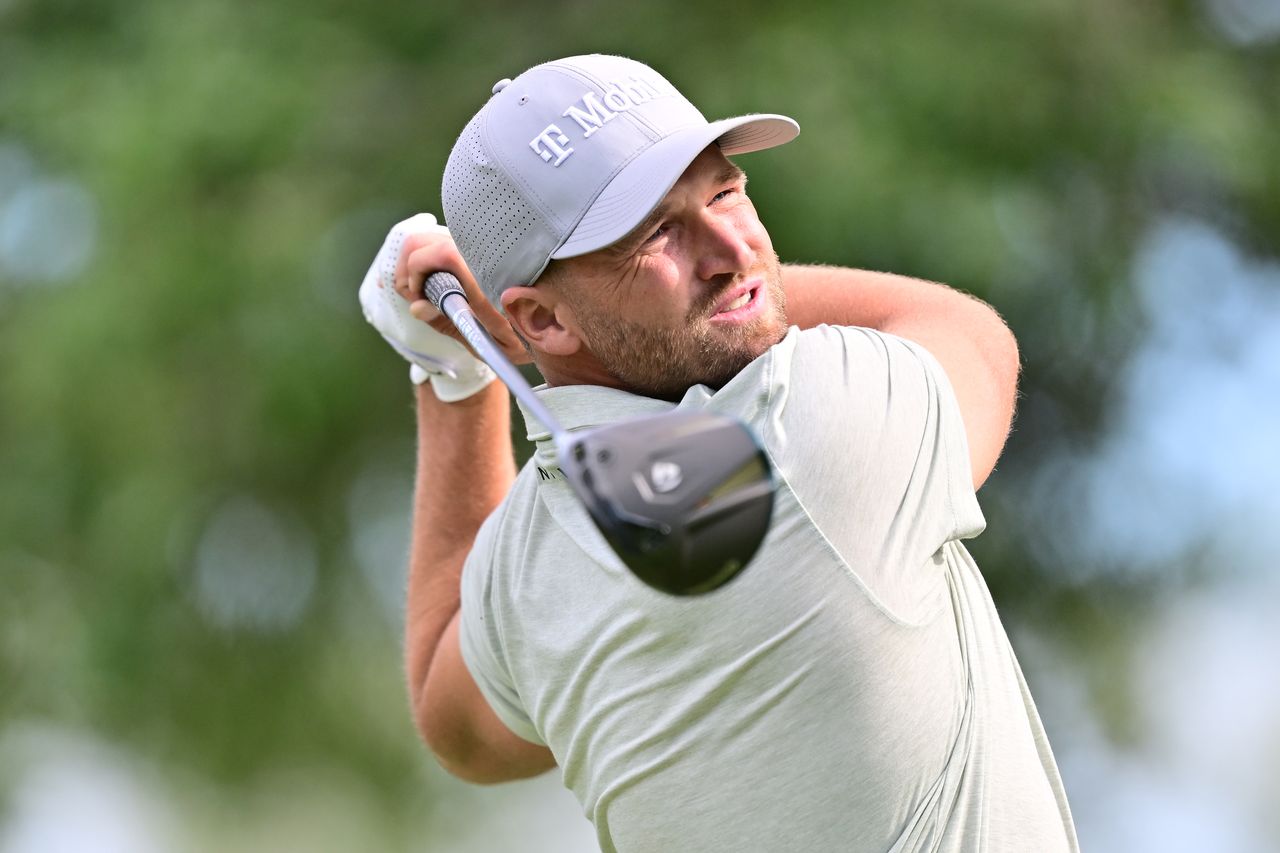 Wyndham Clark plays his shot from the 14th tee during the first round of the Valspar Championship 2026