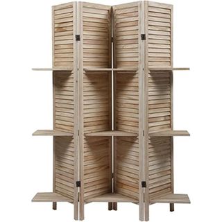 4 Panel Screen Folding Louvered Room Divider with Shelving Board