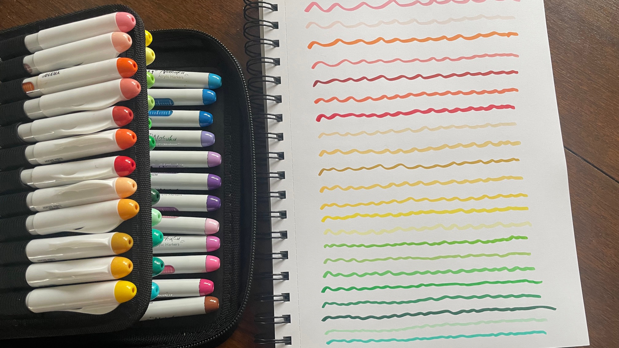Ohuhu Nahuku markers - set of acrylic markers and their squiggles on a notebook