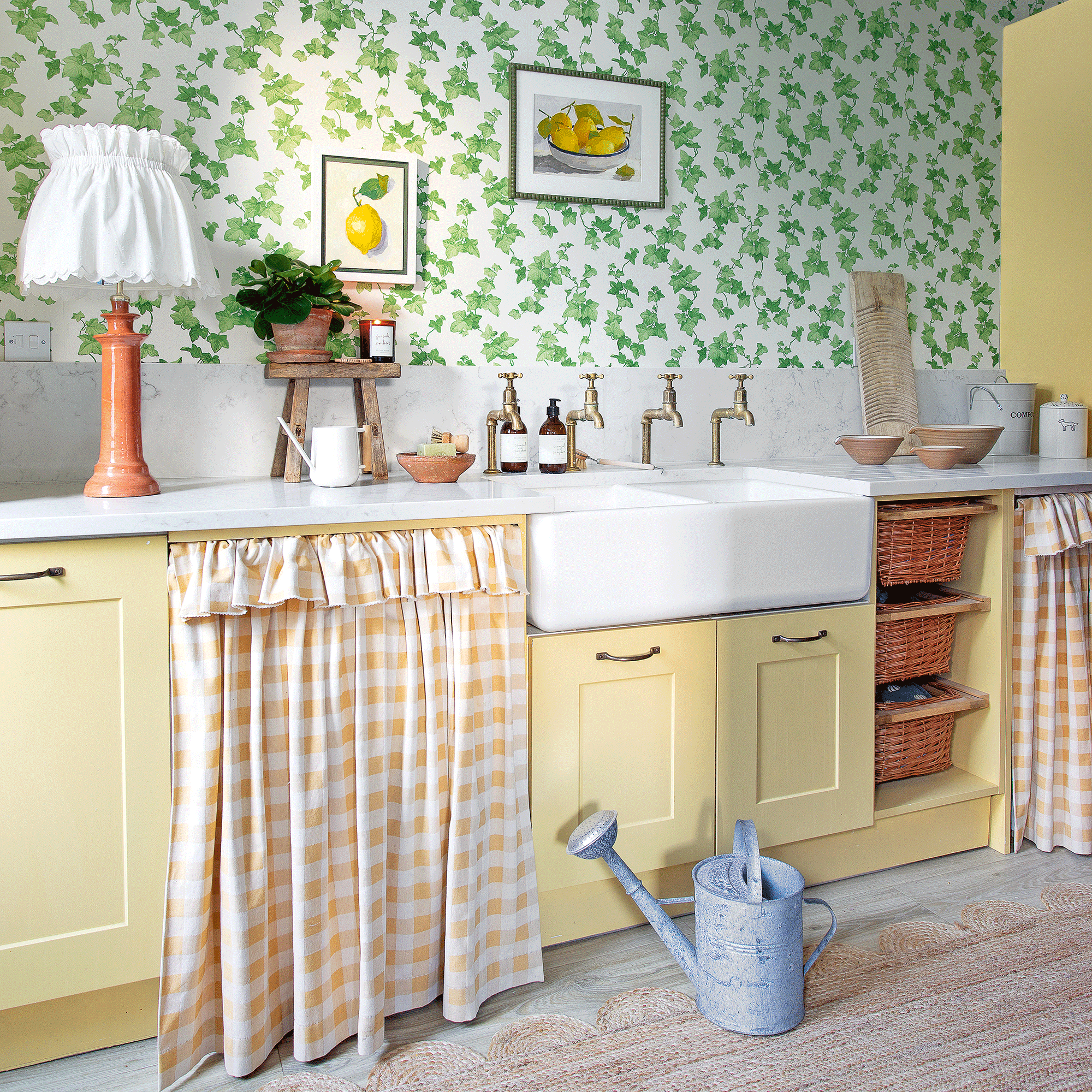 Yellow kitchen with curtain