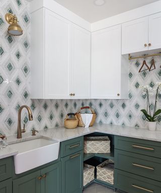 A green and white laundry room