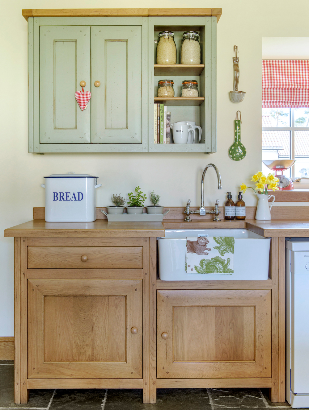 kitchen with wooden and painted cabinets and butler sink