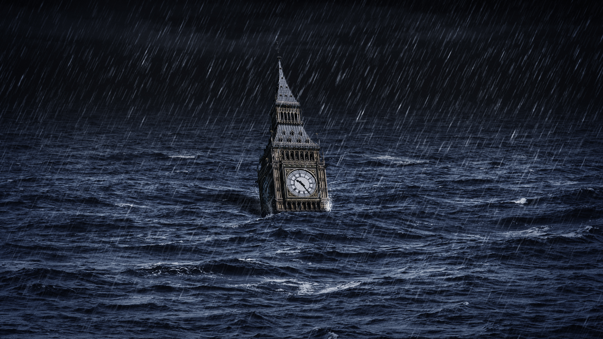Illustration of Big Ben poking above the waves after a deluge