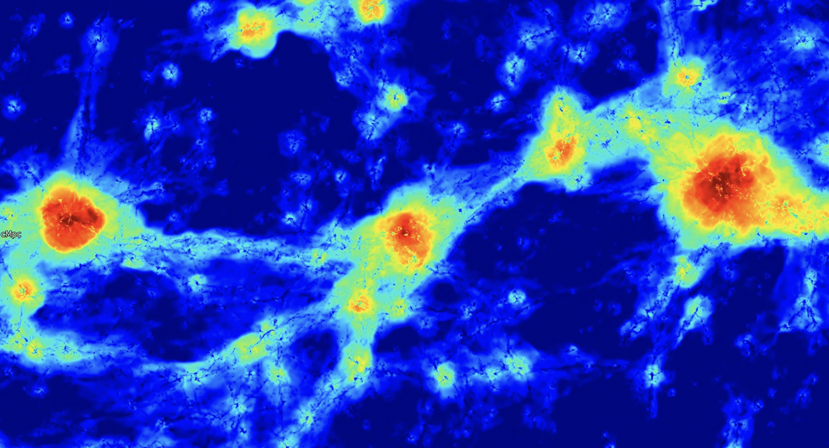 A heat map showing various glowing balls of red light against a dark blue background