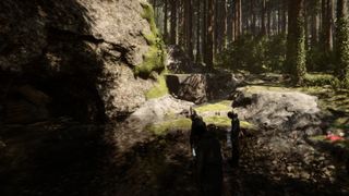 Sons of the Forest shovel location - three bodies stand near a cave entrance in a wooded area