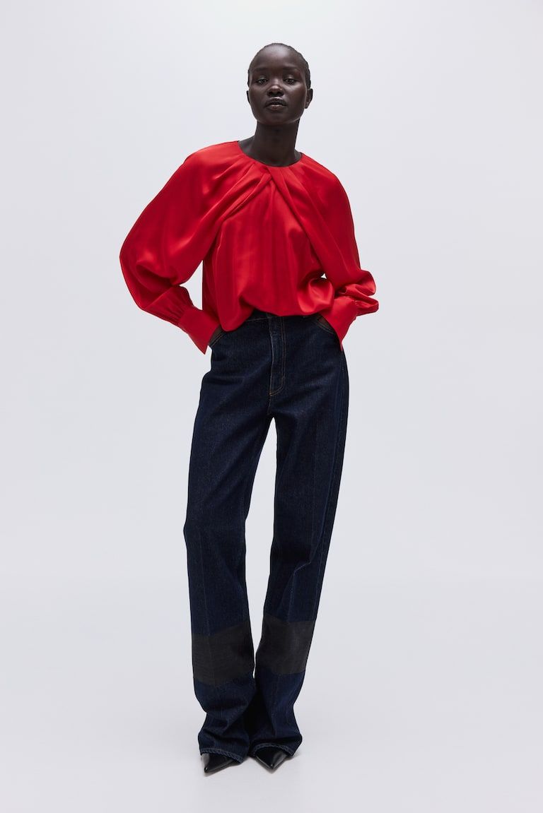 Balloon-Sleeved Satin Blouse