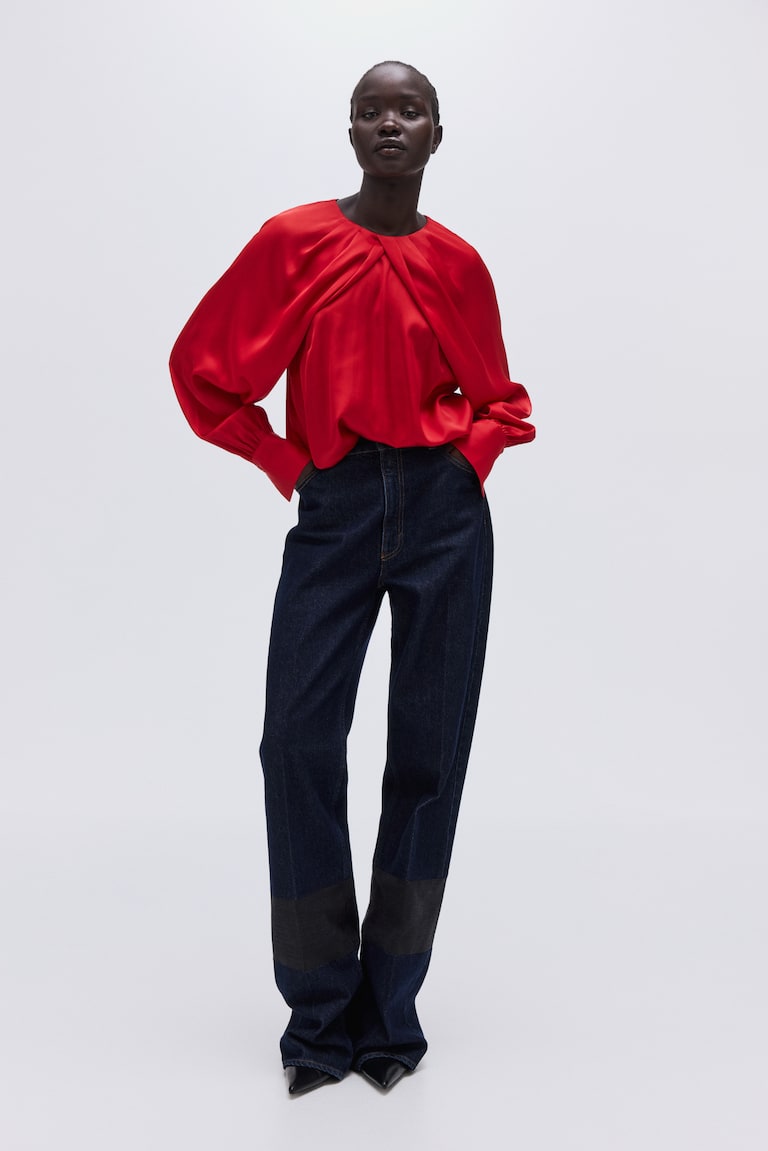 Balloon-Sleeved Satin Blouse