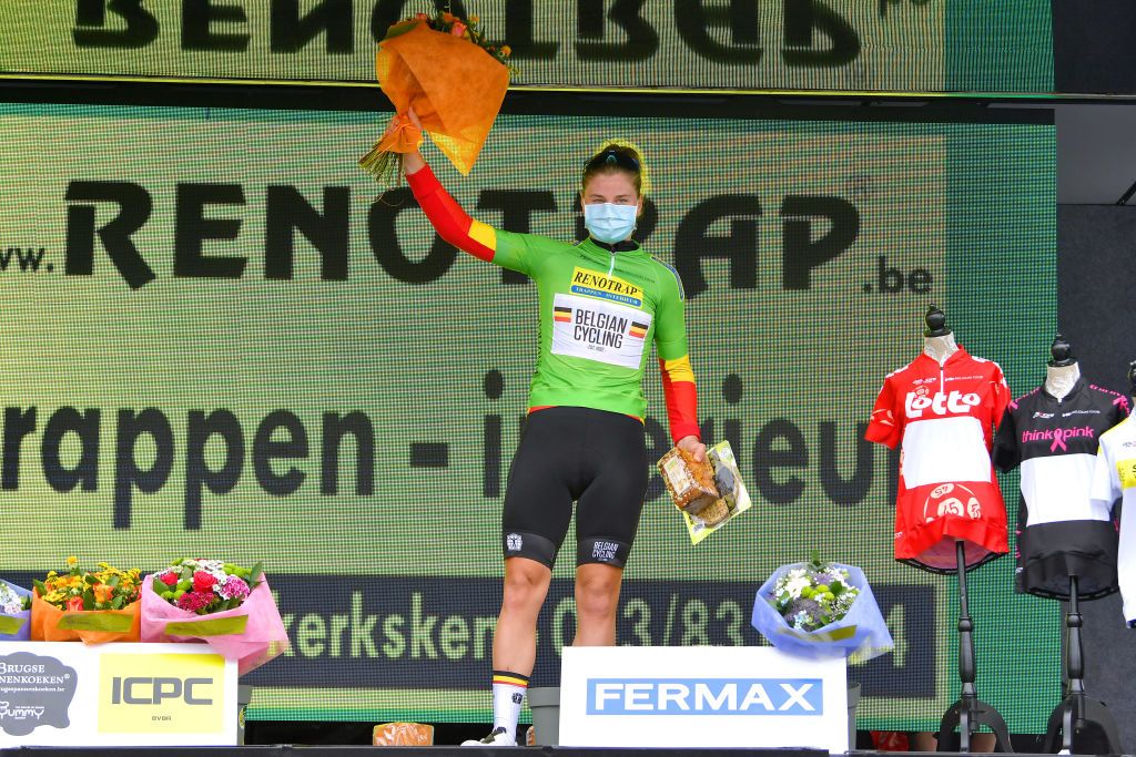 GERAARDSBERGEN BELGIUM JUNE 25 Lotte Kopecky of Belgium and Belgium National Team Green Points Jersey celebrates at podium during the 9th Lotto Belgium Tour 2021 Stage 3 a 1011km stage from Geraardsbergen to Geraardsbergen 101m LottoBelgTour LottoBelgiumTour on June 25 2021 in Geraardsbergen Belgium Photo by Luc ClaessenGetty Images