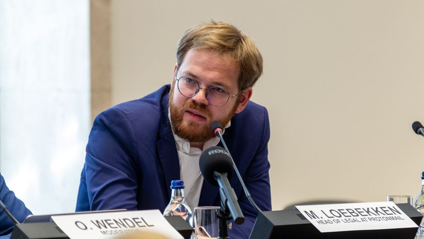 Marc Loebekken, Head of Legal at ProtonMail, on stage at the War, Peace and Neutrality Forum 2025 held at the United Nations in Geneva on October 10, 2025