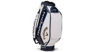 Callaway Paradym Staff Tour Golf Bag in a cream and black colorway on a white background