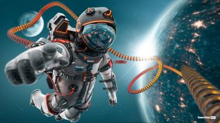 Digital artwork of an astronaut in space wearing a spacesuit with a GameStop logo on the helmet.