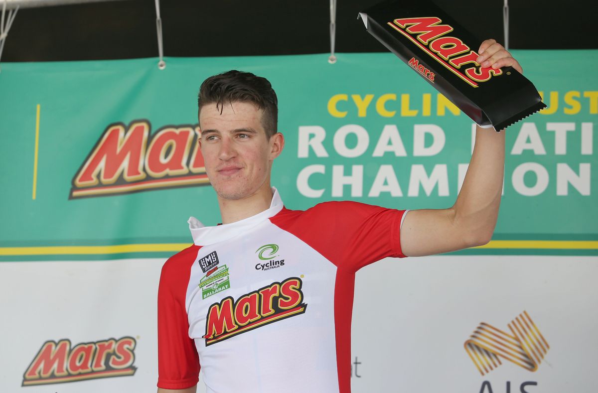 A giant Mars bar is the prize for Miles Scotson as winner of the sprint classification