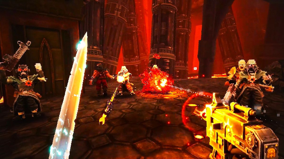 First-person viewpoint in a fiery, medieval dungeon. A glowing sword on the left and a futuristic gun on the right confront skeletal warriors in dark robes amid lava flows.