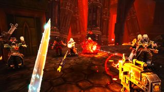 Edited screenshot of a Sister of Battle fighting Chaos cultists in Warhammer 40,000: Boltgun 2