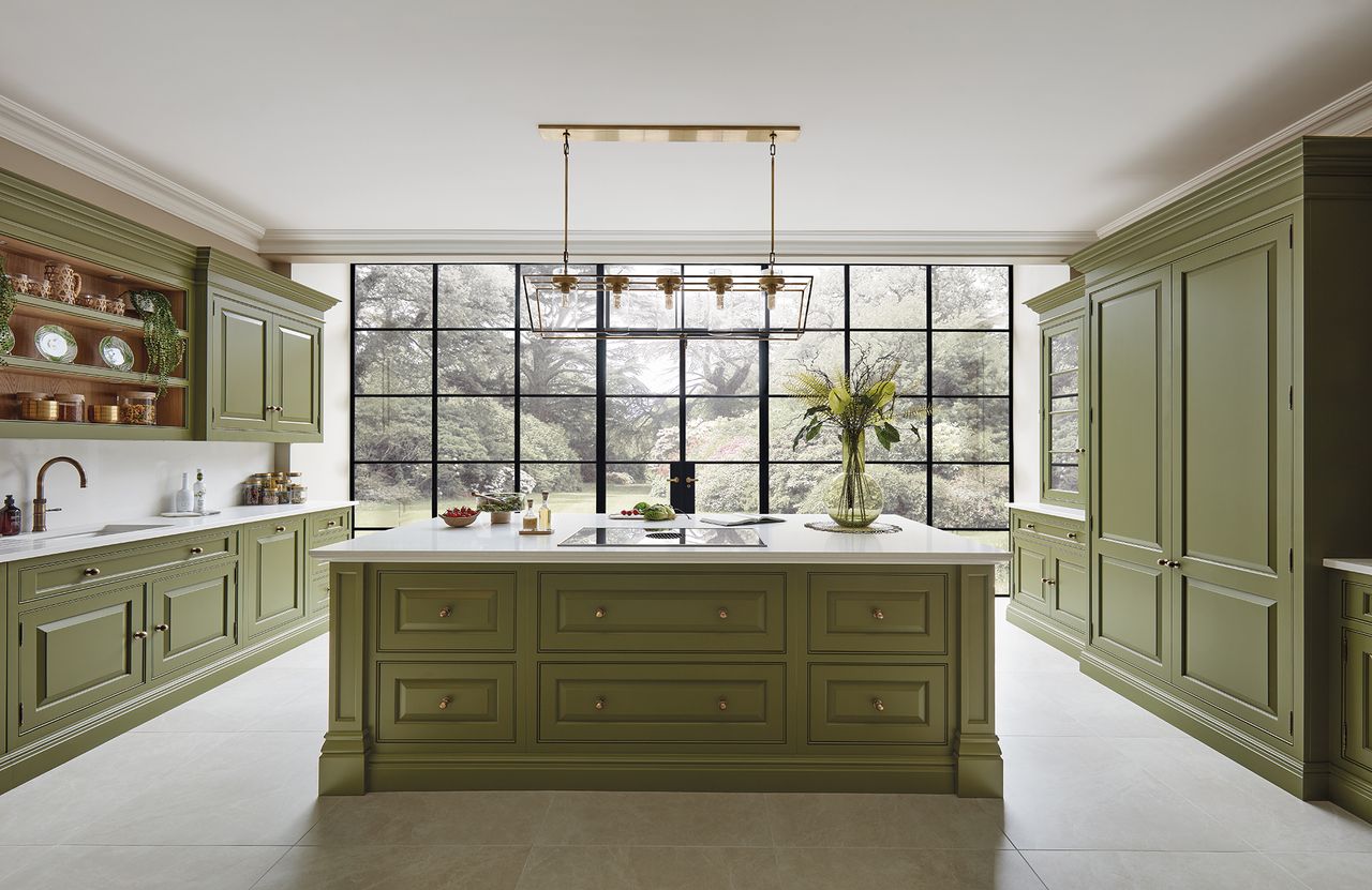 kitchen cabinets finished in green