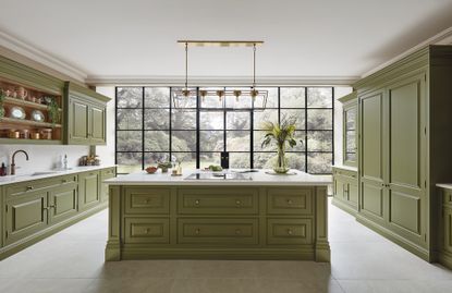 kitchen cabinets finished in green