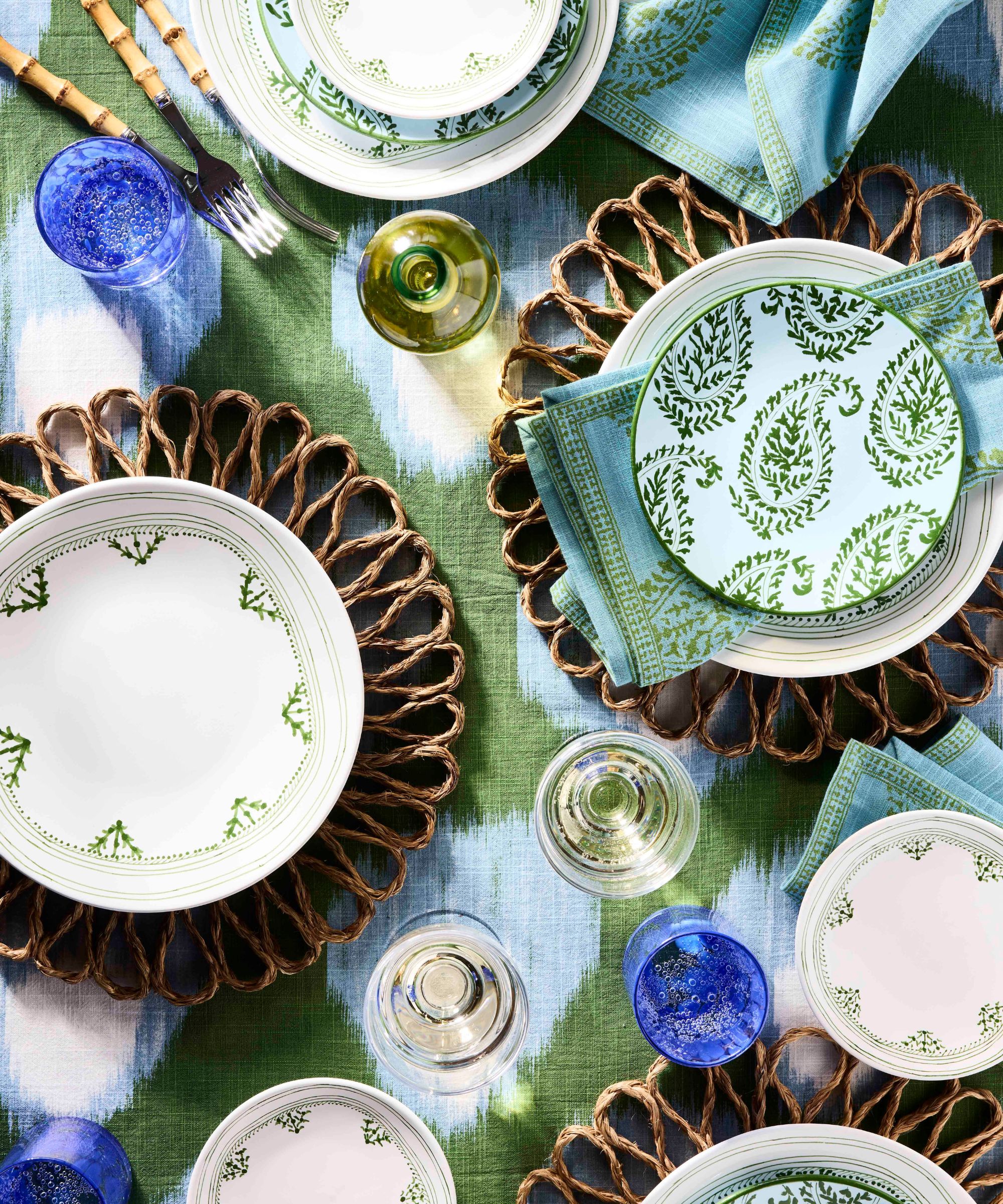 Green and blue tableware shot from above