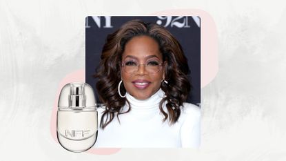 Image of Oprah smiling with curly brunette hair and wearing a white roll-neck top, on a white marble background with bottle of perfume and pink motifs