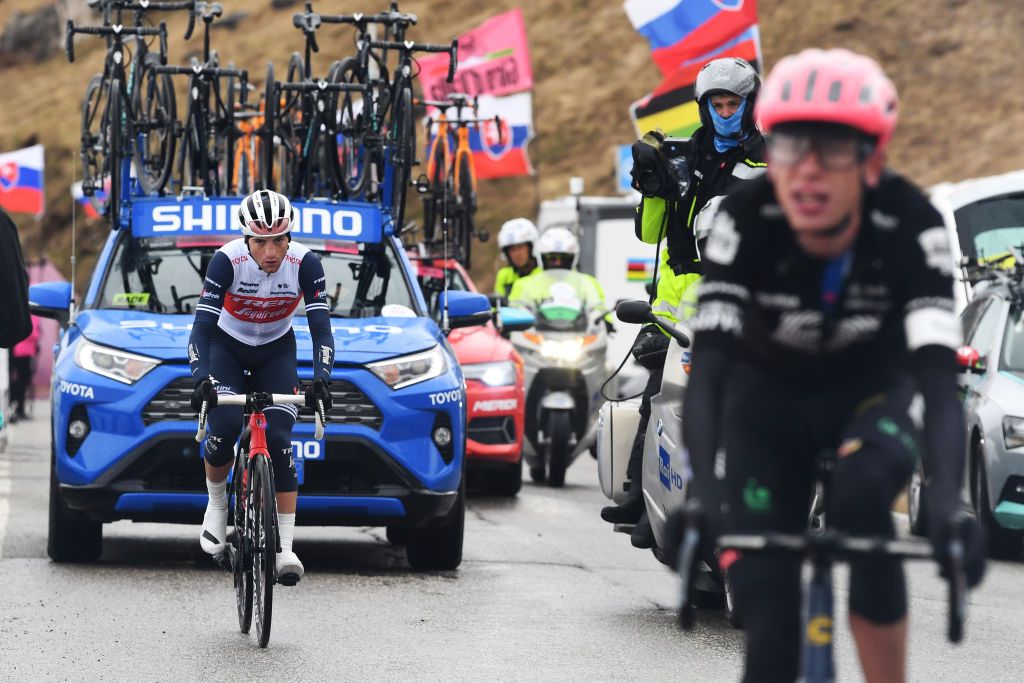 CORTINA DAMPEZZO ITALY MAY 24 Giulio Ciccone of Italy and Team Trek Segafredo in breakaway passing through Passo Giau 2233m during the 104th Giro dItalia 2021 Stage 16 a 153km stage shortened due to bad weather conditions from Sacile to Cortina dAmpezzo 1210m Snow girodiitalia Giro on May 24 2021 in Cortina dAmpezzo Italy Photo by Tim de WaeleGetty Images