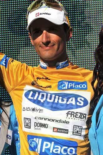 Italian Daniele Bennati (Liquigas) celebrates in the leader's jersey.
