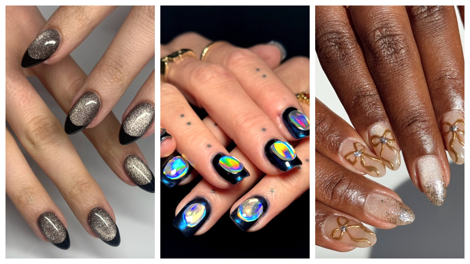 three women's hands with colorful manicures