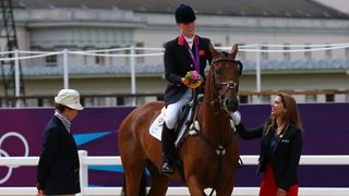 Zara Tindall riding High Kingdom after receiving a silver medal in the Equestrian Team event at the London 2012 Olympics