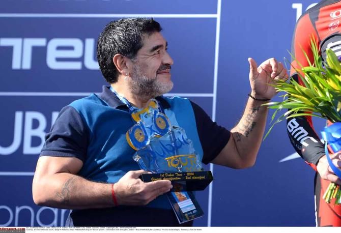 Diego Maradonna makes an appearance on the podium