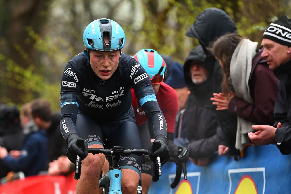 WEVELGEM BELGIUM MARCH 26 Elynor Backstedt of United Kingdom and Team Trek Segafredo competes passing through a Kemmelberg cobblestones sector during the 12th GentWevelgem In Flanders Fields 2023 Womens Elite a 1625km one day race from Ypres to Wevelgem UCIWWT on March 26 2023 in Wevelgem Belgium Photo by Luc ClaessenGetty Images