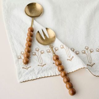 Antique Brass and Beaded Wood Serving Set