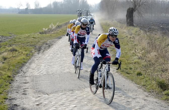 Andre Greipel leads his Lotto Belisol teammates on some pav&eacute; recon.