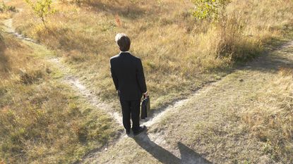 A businessman with a briefcase stands in a field, deciding which path to choose from two before him.