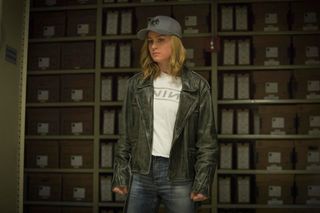 Brie Larson's Carol Danvers in a SHIELD hat and street clothes