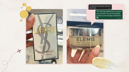 Elemis cleansing balm and YSL Libre perfume, on a beige background with oil and balm swatches and a text chain about duty free deals