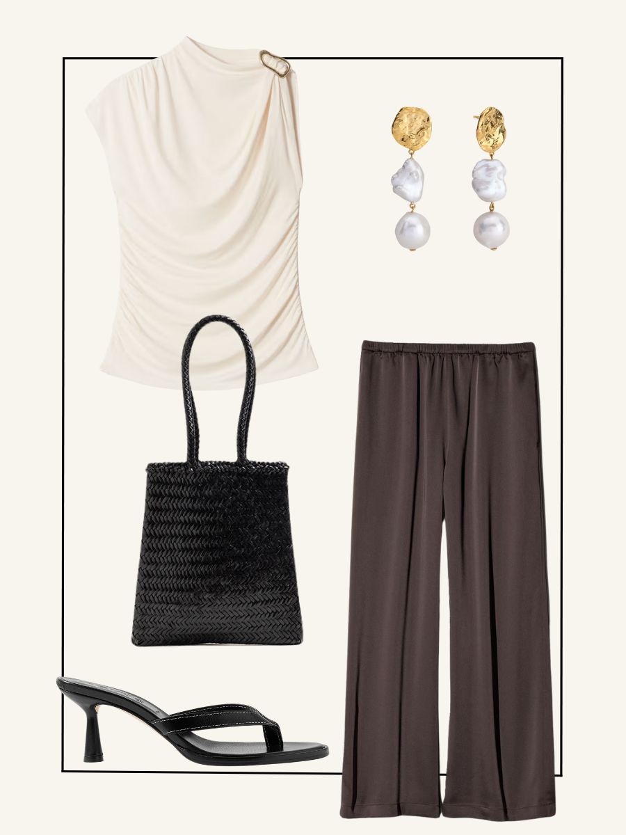 Senior shopping editor Marina Avraam shows how she’d wear Uniqlo’s satin trousers in the evening—with a draped white top, pearl earrings and a top-handle bag.