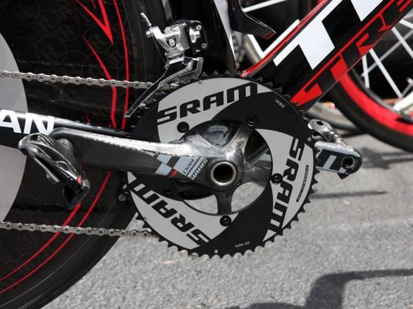 RadioShack Trek Speed Concept machines were equipped with bigger-than-normal outer chainrings for the opening prologue. This one's a 55T.