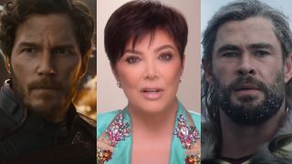 Stills of Chris Pratt as Starlord in Guardians of the Galaxy 3, Kris Jenner in The Kardashians, and Chris Hemsworth as Thor in Thor: Love and Thunder.