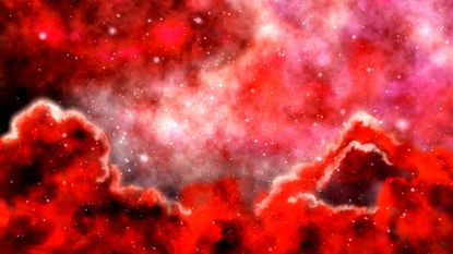 Space exploration through outer space towards starlight orange background. Flying clouds through glowing nebulae, Flying through the clouds and star field in deep space.